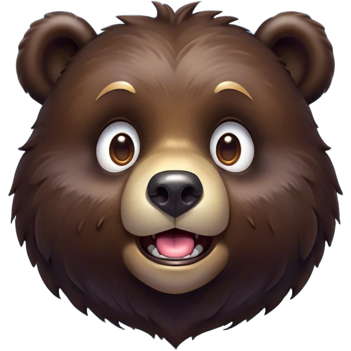 Cinematic Comical Bear Portrait Emoji, Head tilted dramatically with an exaggeratedly amused expression, featuring a striking, glossy dark brown fur with bold fur texture, wide, expressive eyes filled with playful disbelief, Simplified yet hilariously expressive features, highly detailed, glowing with a slightly sassy glow, high shine, dramatic yet playful, stylized with an air of cheeky wilderness mischief, bright and endearing, soft glowing outline, capturing the essence of a spirited and over-the-top bear, so meme-worthy it feels like it could roar its way into internet fame instantly! emoji