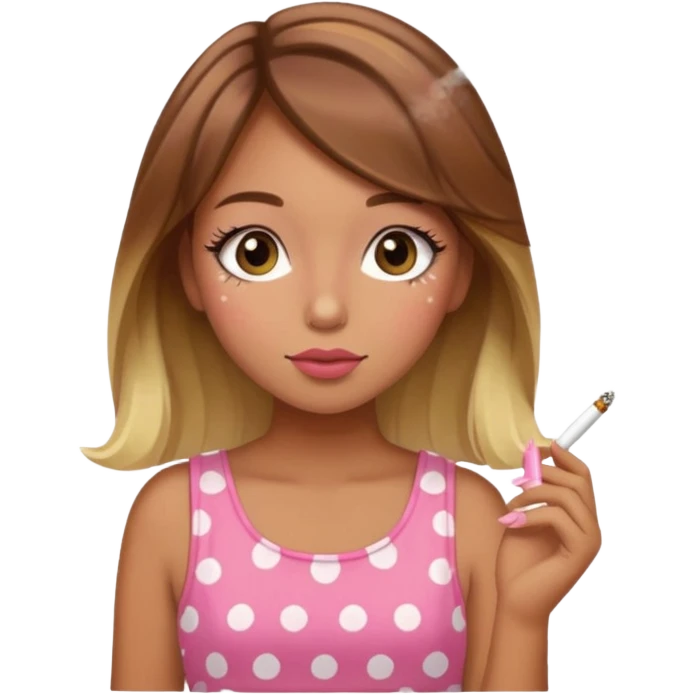 Girl with golden tan skin and brown hair with blonde highlights and cute lashes and blush with pink polka dot dress smoking weed emoji