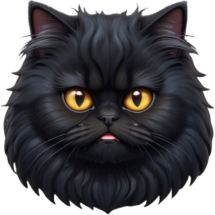 Cinematic Grumpy Frazzled Black Persian Cat Portrait Emoji, Head tilted with an exaggeratedly grumpy expression, fluffy black fur with hints of silver and deep undertones, Simplified yet hilariously frazzled features with large, expressive eyes, highly detailed, glowing with a warm but irritated glow, high shine, a mix of annoyed and disheveled, stylized with a touch of humor, bright but with a completely frazzled and grumpy face, soft glowing outline, capturing the essence of a quirky yet grumpy kitty, so endearing it feels like it could leap out of the screen and demand attention with its wonderfully grumpy, frazzled charm! emoji