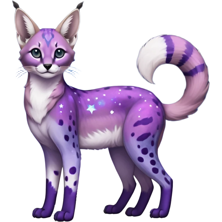 Colorful black-violet-indigo-purple-gradients nebulae nebula starry galactical shiny white-stars-spotted glorious iridescent divine exotic cute cool beautiful realistic caracal-genet-sergal-vernid-Cacomistle-Trico-oncilla-animal-Fakémon-hybrid-fursona (full body) emoji