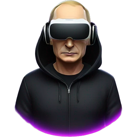 Vladimir Putin wearing a black hoodie with "OMG" letters on it and VR headset oculus quest 2 in a cyberpunk VR environment with violet neon lighting. emoji