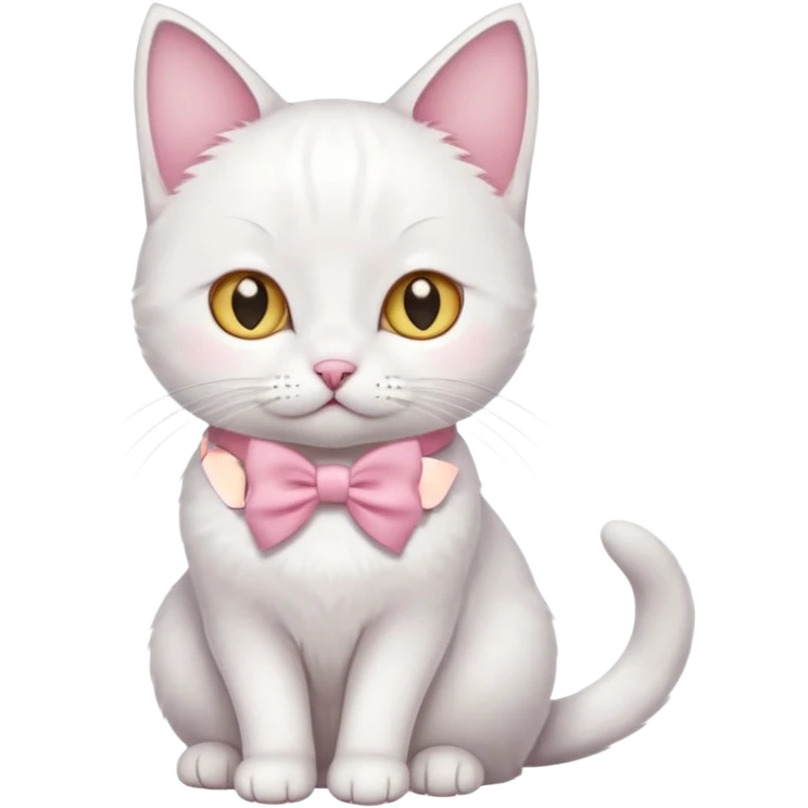white cat sitting and she has a pink small bow on her right ear,she has golden eyes,she's fully white,even her ears,the only color is the pink small bow on her right ear,the cat is small emoji