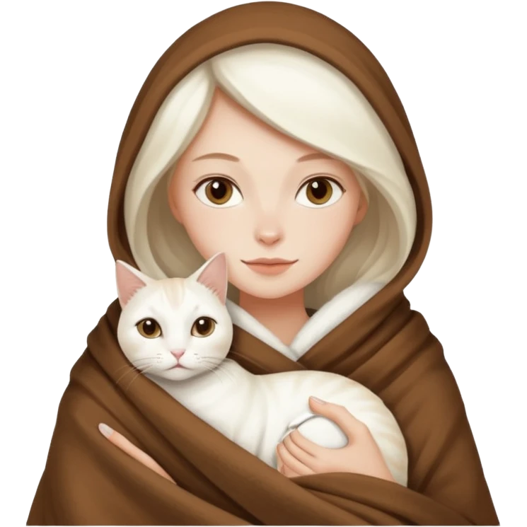 Beyaz kedi ve bayan elinde kahve battaniye emoji