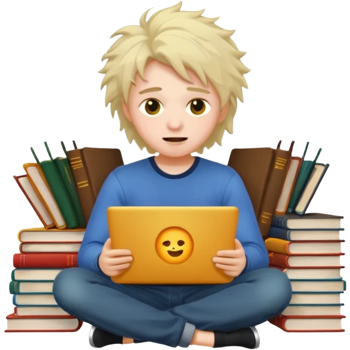 a student crashing out with the laptop on the lap and books on the side -  an emoji for the emoji keyboard  emoji
