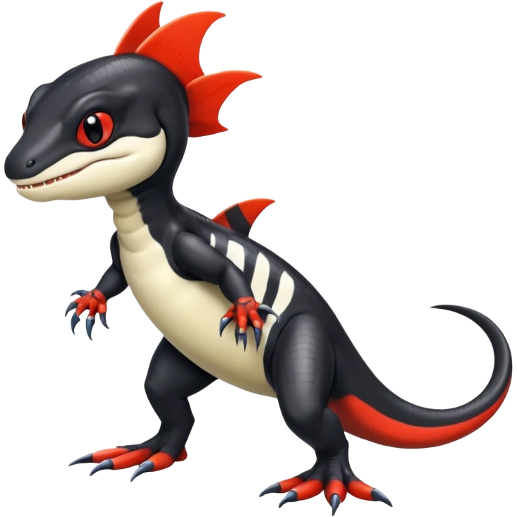 Black and white Orca-reptile-reptilian-lizard-skink-gecko-Digimon-Fakémon-hybrid full body, two legs, two arms, claws, tail, with red stripe emoji