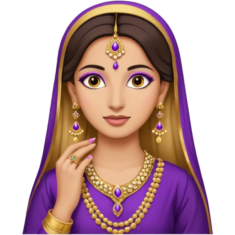 she put on her makeup and golden earrings as well as a purple and golden shalwar kameez emoji