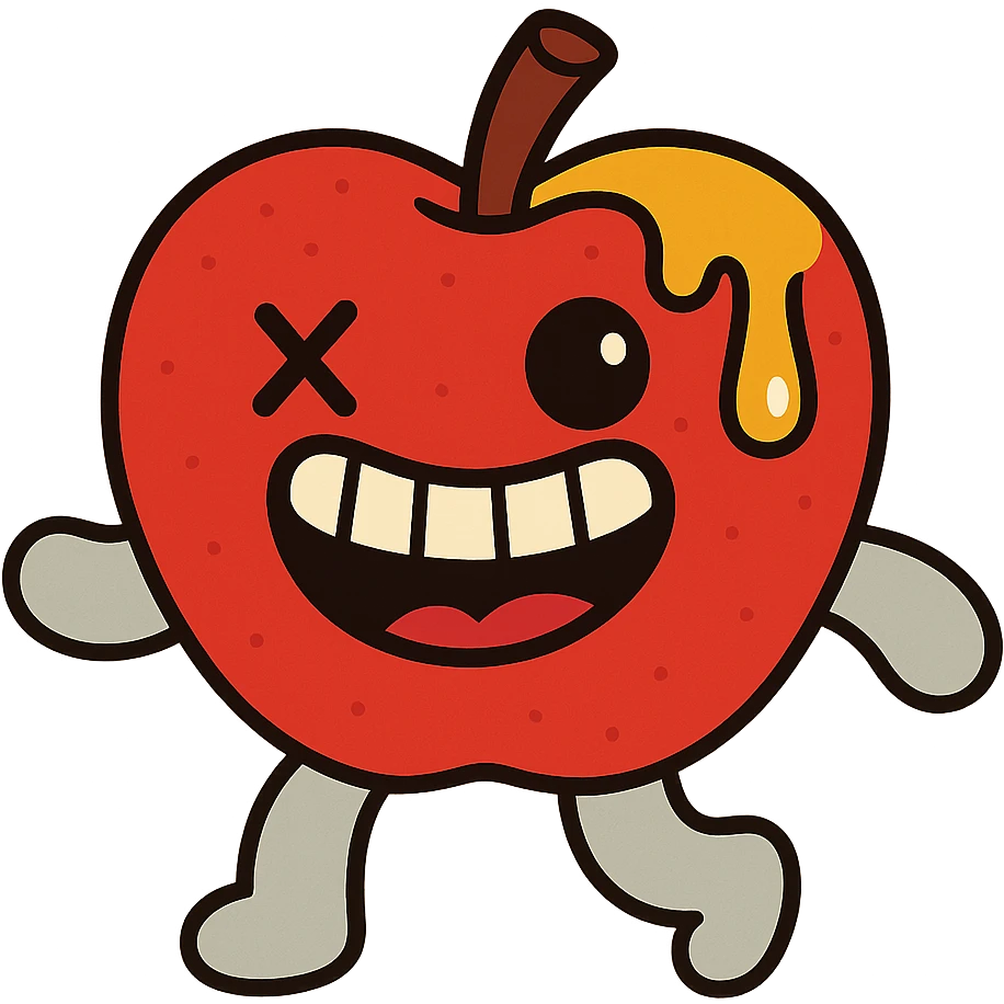 plush apple character with soft light grey limbs, left eye replaced by stitched X, golden ichor oozing from stem, wide toothy grin, no leaf emoji