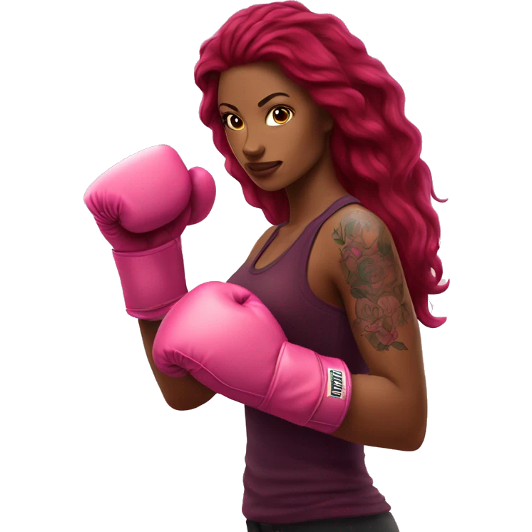 Beautiful tattooed  burgundy long haired woman boxing with pink gloves emoji