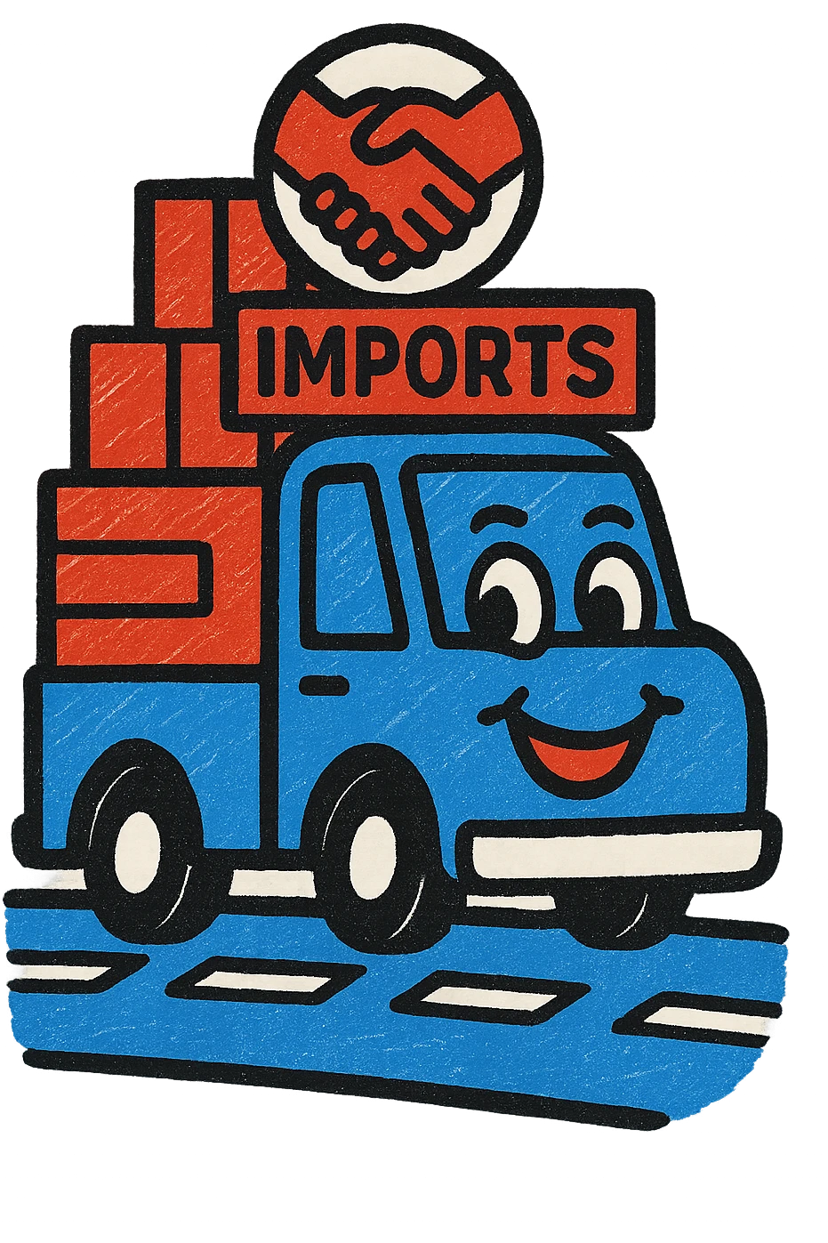 A cheerful icon of a truck driving on a highway with imported goods and a partnership symbol, using only colors #1E90FF, #F13816, and #FFFFFF emoji