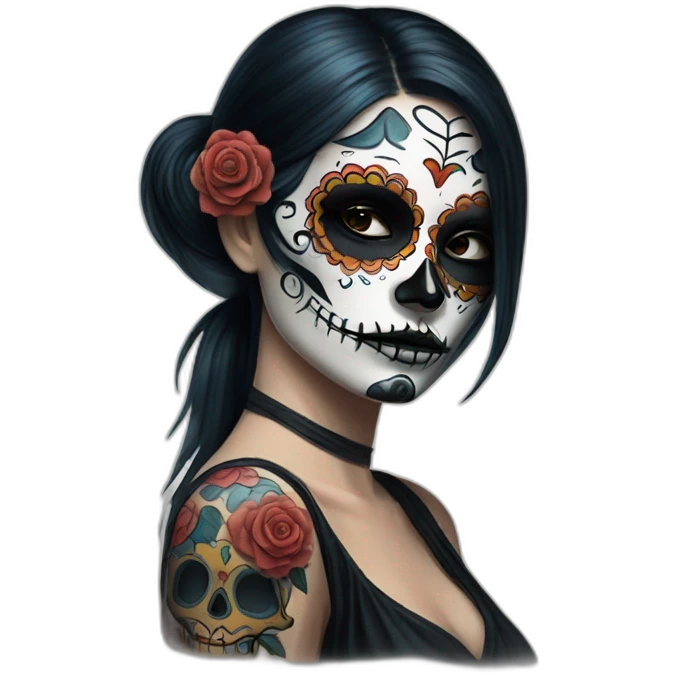 Lady looking over shoulder day of the dead tattoos and eyepatch emoji