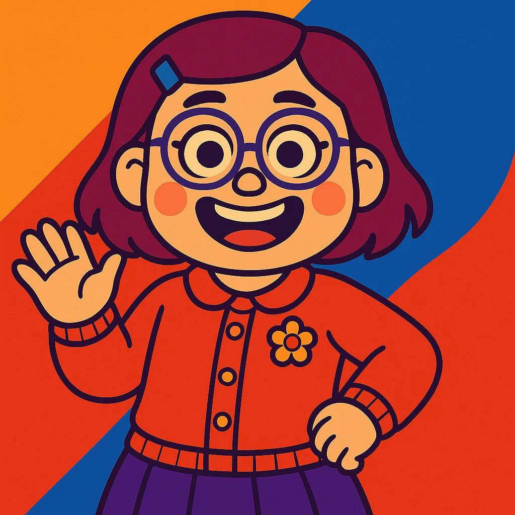 Transform the character Mei Mei from a red panda into a regular human girl, illustrated in the vibrant toon style. Use bright, bold colors and a lively cartoon aesthetic. emoji