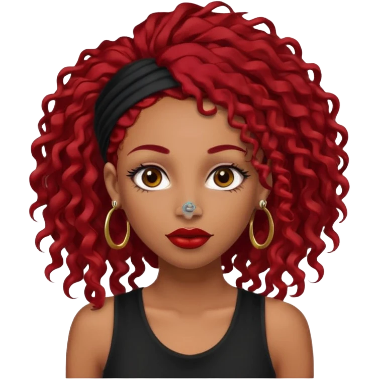light-skinned black girl with very long eyelashes with long curly dark red hair with edges wearing a black top with no sleeves. and a red accessory on her head with nose and mouth piercings and is a baddie and looks like a bad girl. emoji