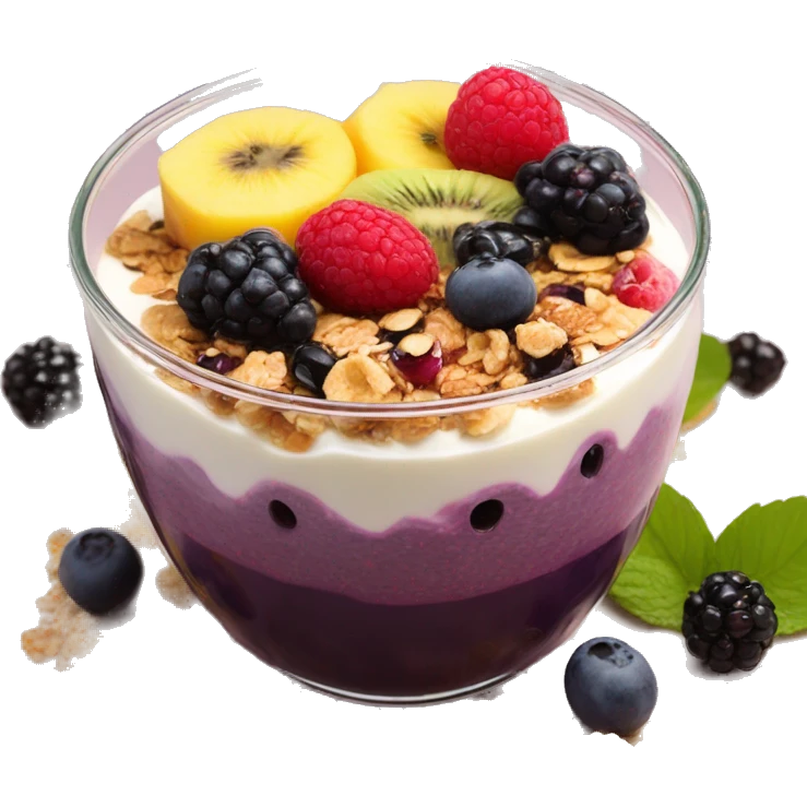 Açaí in a clear cup with layers of fruits and granola and condensed milk emoji