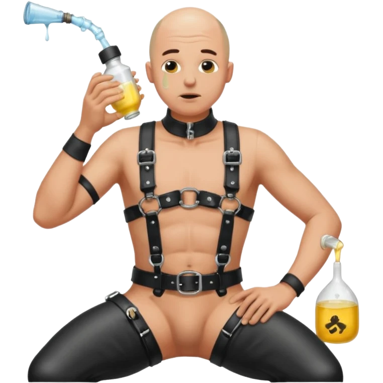 submissive bald man on his knees in a black leather harness standing man in leather, pouring piss down his throat emoji