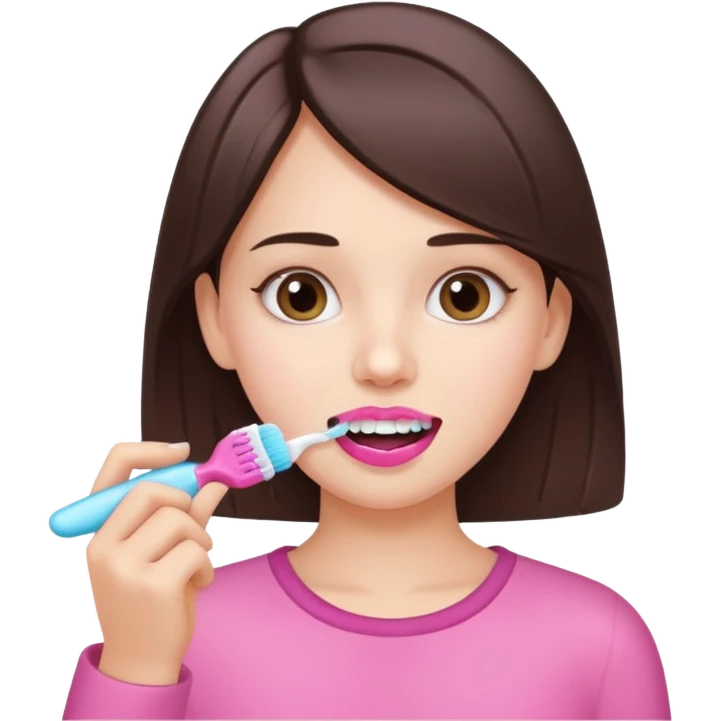 white brunette girl brushing teeth with pink toothpaste emoji