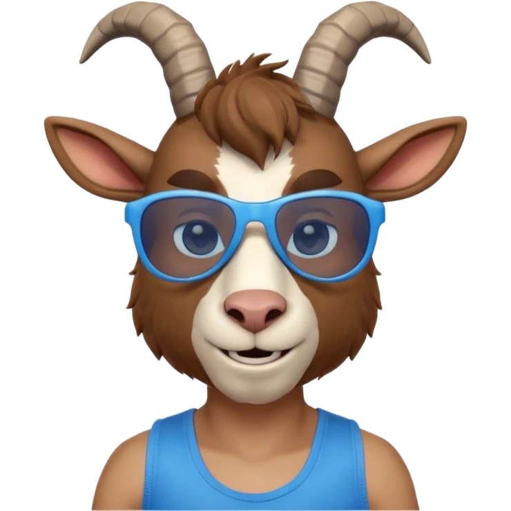3D cartoon goat man portrait, head and shoulders, brown fur, small horns, blue reflective sunglasses, slight smile, tank top, soft lighting, centered, clean background, no text, no watermark
 emoji