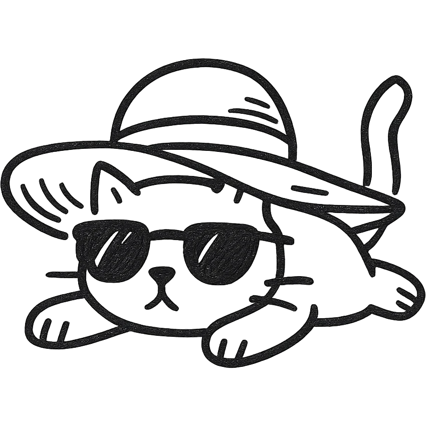 a cat in a summer panama hat with large brim, wearing sunglasses, lying on its stomach with its head resting on the ground emoji