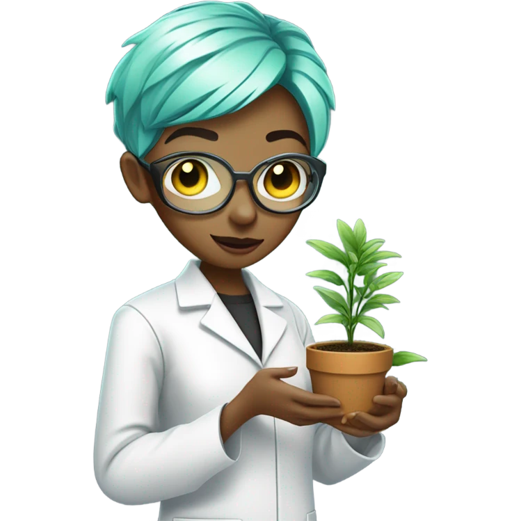 cybernetic scientist wearing a lab coat and holding a small plant, woman with green pixie cut with undercut emoji