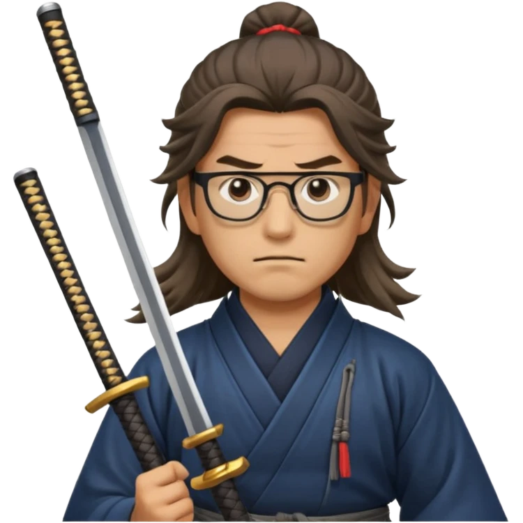 Long Haired Samurai with Glasses, Warrior with glasses cleaning katana emoji