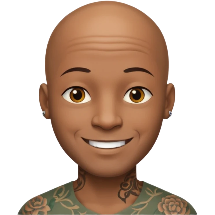 This is a cartoon-style avatar of a bald man with dark skin, golden-brown eyes, and several tattoos on his face, smiling with a lightly smile expression. emoji