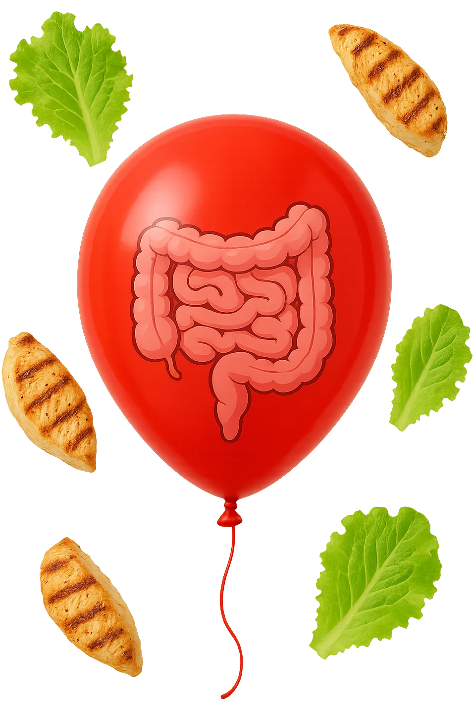 intestino chiuso in un palloncino rosso e foglie di insalata e petto di pollo grigliato che fluttuano intorno emoji