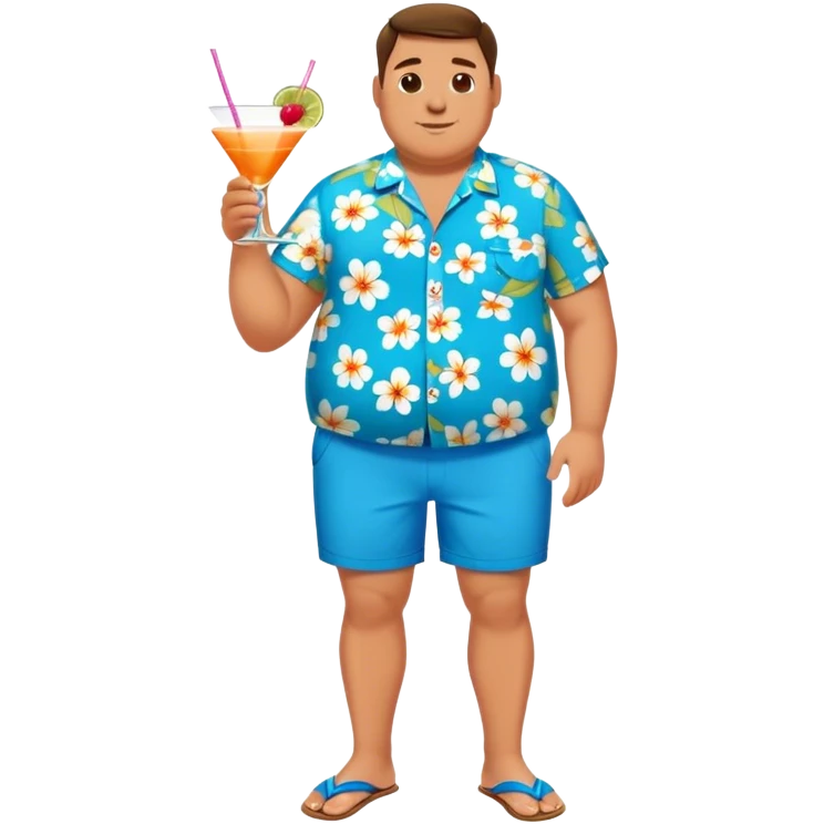 chubby guy full figure in a flowered azure havai shirt, brown shorts and flippers holding a cocktail emoji