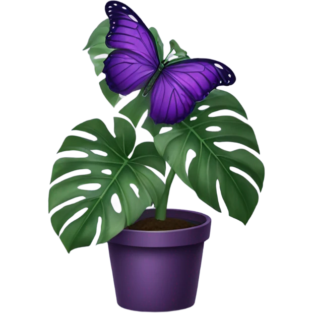 monstera in an aesthetic dark violet pot and on the leaf is an violet butterfly emoji