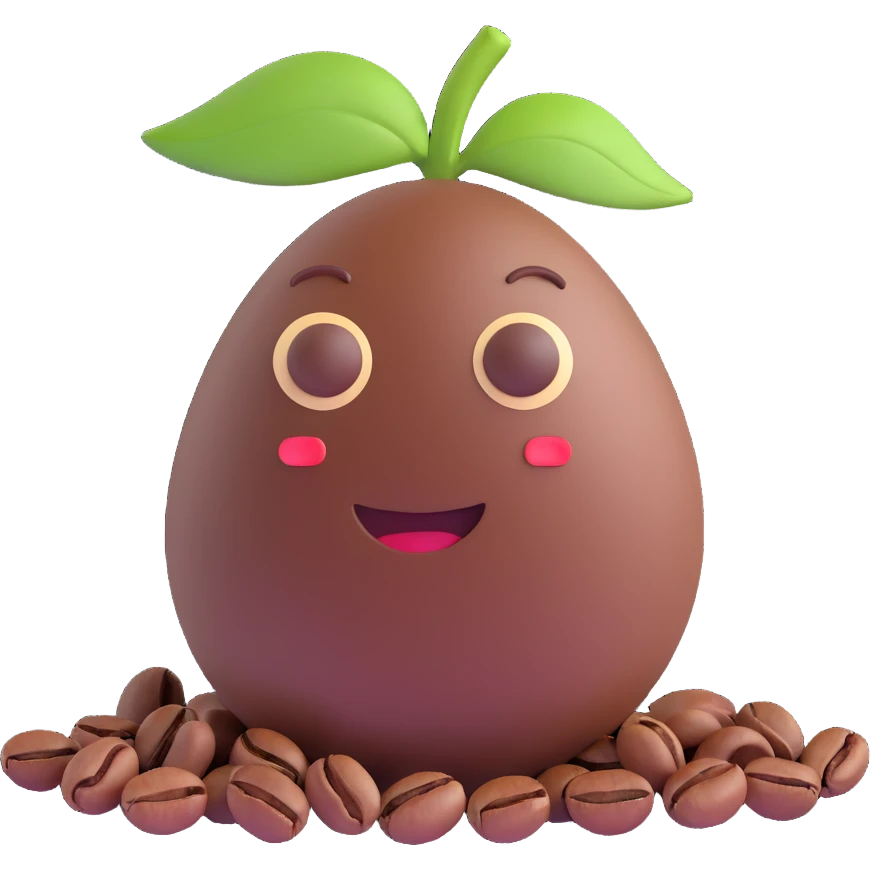 arabica coffee bean shaped, friendly expression, 3D style, proportional dimensions 7x4 cm emoji