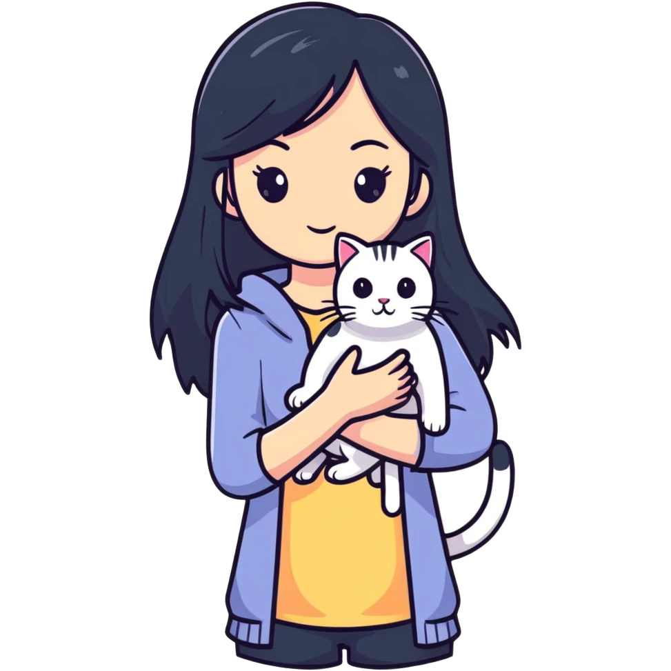 Beautiful girl with long black hair holding a hairless cat emoji