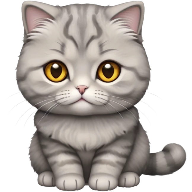 Cinematic-Fluffy-Grey-Scottish-Fold-Cat-Portrait-Emoji – Head tilted cutely with big, sparkling amber eyes, soft solid-grey fur with a velvety sheen, signature folded ears giving an irresistibly endearing look, simplified yet charmingly adorable features, highly detailed, glowing with a soft and warm charm. emoji