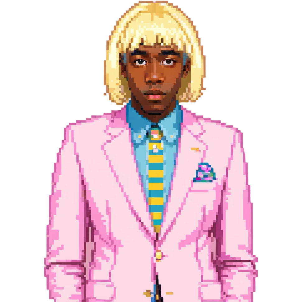 Tyler the Creator in pink IGOR suit with blonde wig emoji