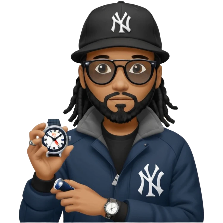 African American Man with shoulder length black dreadlocks with black beard wearing black sunglasses wearing a black bubble winter coat and a New York Yankees logo baseball cap checking the time on his watch emoji