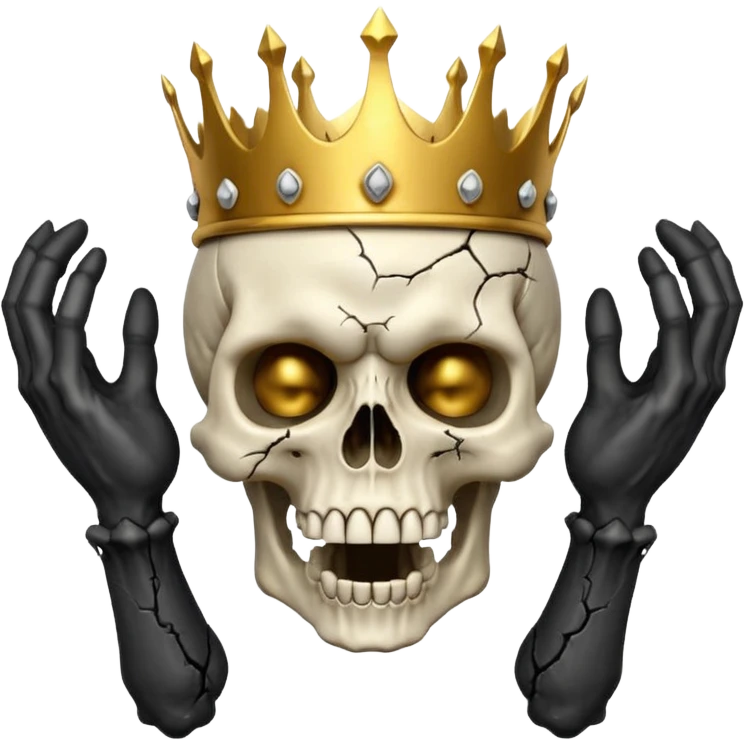 Demonic 3D skull holding its head by its two hand in shock, mouth open, wearing a golden crown, horror vibe emoji