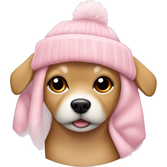 small tan colored dog wearing a soft pink beanie with a pom pom bundled in a pink christmas blanket emoji