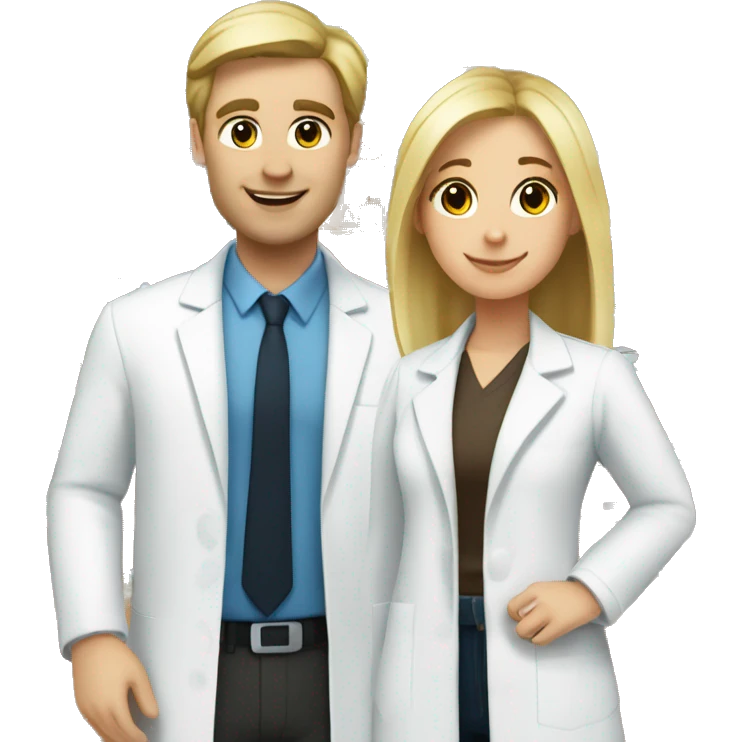 blonde female pharmacist and white male chemist with brunette hair in love emoji