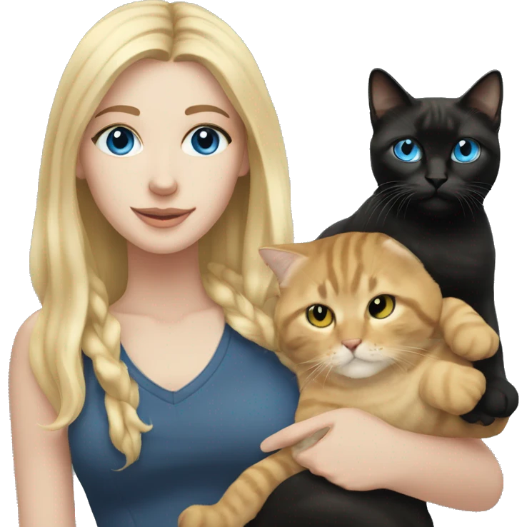 White girl, long blonde hair, blue eyes holding a black tabby cat emoji