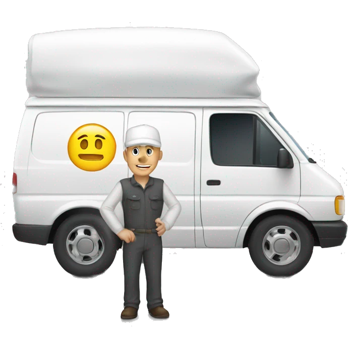 a white van and a man with white cap standing next of it emoji