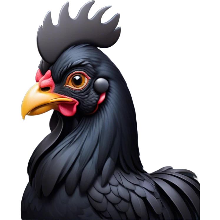 Cinematic Noble Black Rooster Portrait Emoji, Poised and regal, with a robust, commanding build and a sleek, well-groomed pure black plumage, deep-set soulful piercing eyes, Simplified yet sharp and sophisticated features, highly detailed, glowing with a soft, dignified glow, high shine, intelligent and proud, stylized with an air of mysterious majesty, focused and attentive, soft glowing outline, capturing the essence of a watchful and confident leader, so majestic it feels as though it could crow out of the screen with effortless authority! emoji