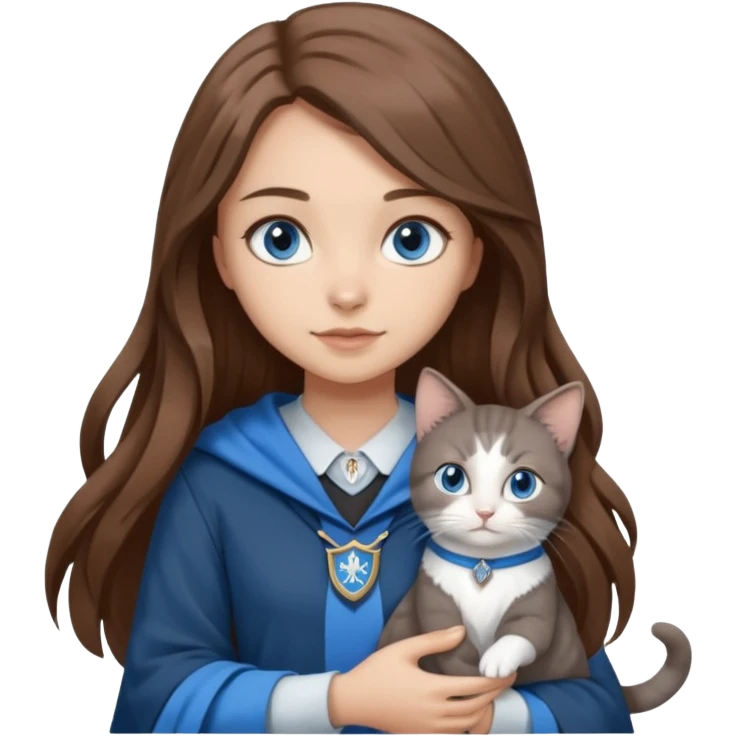 gorgeous Girl with light skin, blue eyes, long brown hair, wears a ravenclaw outfit, with a grey and white cat holding in her arms emoji