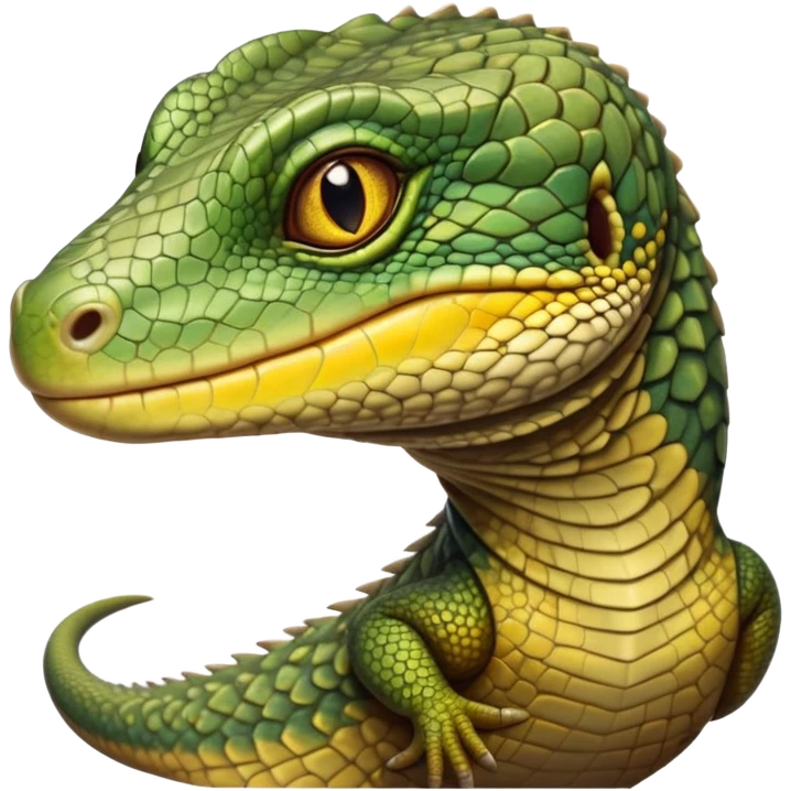 cinematic-realistic-cute-monitor-lizard-portrait-emoji,-head-tilted-playfully-and-inquisitively,-featuring-a-compact,-agile-body-with-finely-detailed,-glossy-scales-in-earthy-olive-hues-and-a-distinct,-alert-face-with-bright,-curious-eyes, yellow, brown spotted and green multi coloured  scales emoji