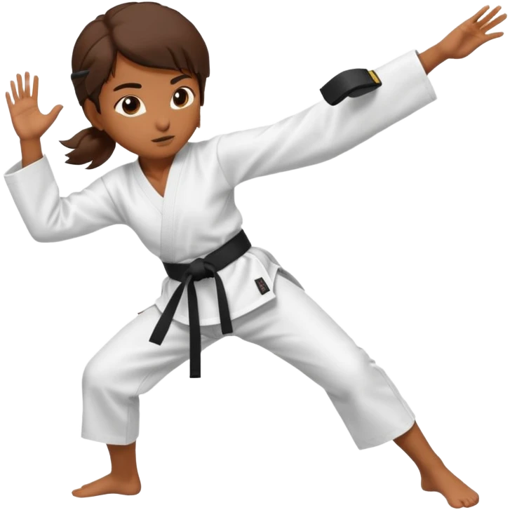 Ragazza castana che pratica karate, ha la cintura nera ed io tradizionale kimono bianco del karate, tira un calcio laterale oppure un pugno oppure è in posizione di guardia emoji