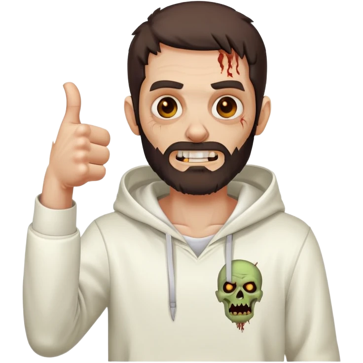 zombie with thumbs up gesture wearing plain white hoodie with no designs, dark brown hair and short full beard emoji
