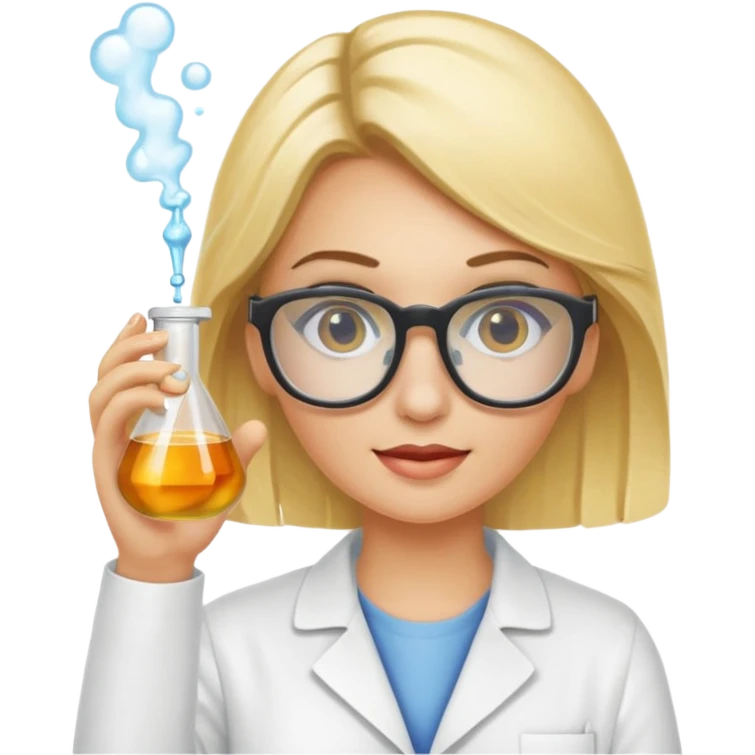 Eine hellblonde Chemikerin mit typischem Erlmeyerkolben in der Hand und Laborbrille auf emoji