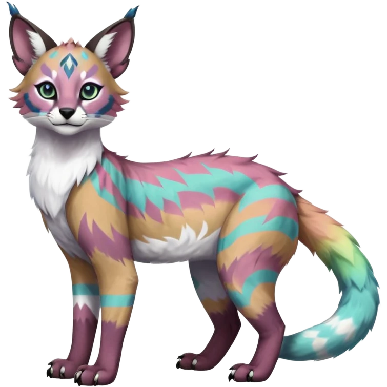 Colorful tropical tribal pale light fruity pastel white glorious iridescent divine exotic cute albino neon vibrant zigzagged cool beautiful fantasy-caracal-civet-genet-sergal-vernid-Gryphon-Cacomistle-Trico-oncilla-animal-Fakémon-hybrid-fursona (full body), facial markings,  emoji