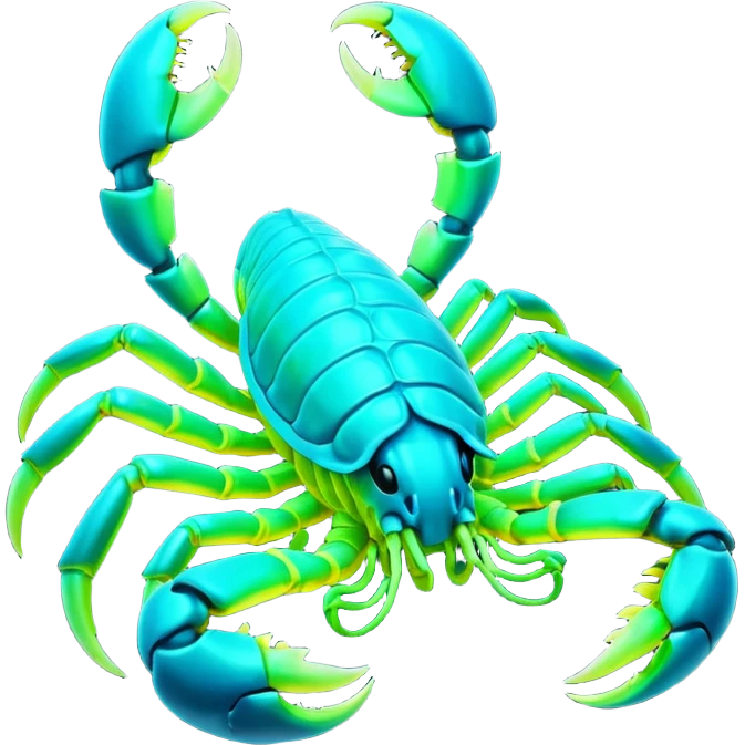 3D render of Radioactive Scorpion, bioluminescent deep sea style, glowing neon blue and green lights, dark background to contrast the glow, translucent organic textures, more emission. emoji