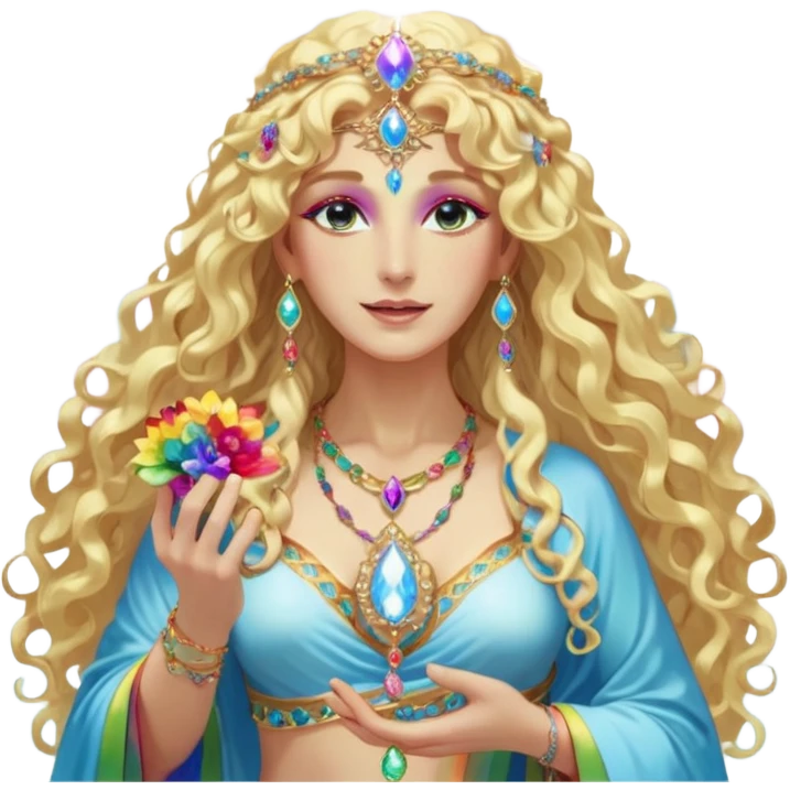 a being made of light pleidian nordic long faces and curly huge thick blond hair but beautiful features of light wearing jewels and a rainbow halo like a saint arount her a robe on made of light and gem  transparent belly dancer and who is lanky holding a bouquet of crystal flowers on rainbow fire emoji