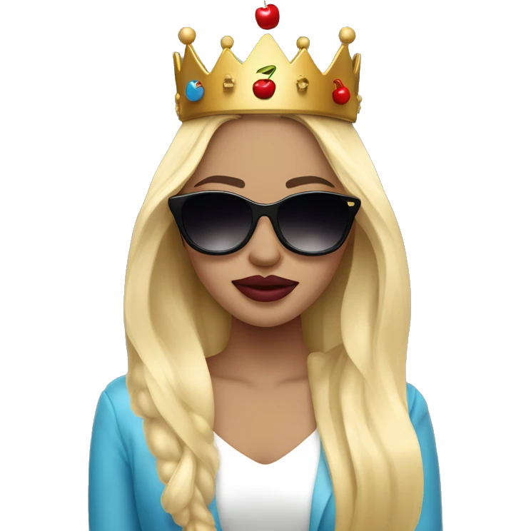 girl long blonde hair blue eyes and cherry lipstick wearing a crown and black sunglasses that cover her eyes emoji