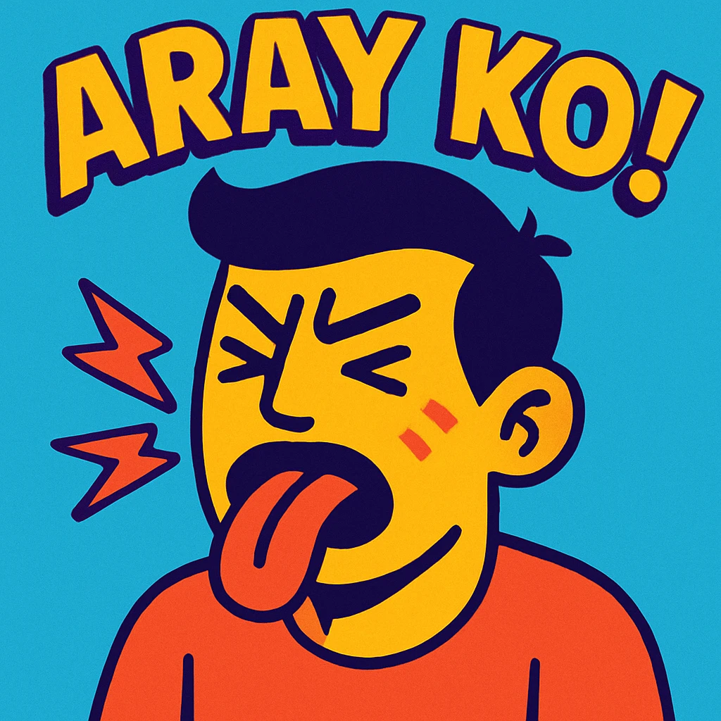 a guy with his tongue out and the words 'aray ko' in vibrant toon style emoji