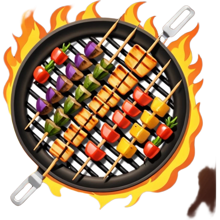 Grilled dishes avatar in bright emoji-style illustration. Skewers, BBQ, and grilled vegetables, warm fire tones, simple shapes, flat design, high contrast, tasty and inviting. emoji