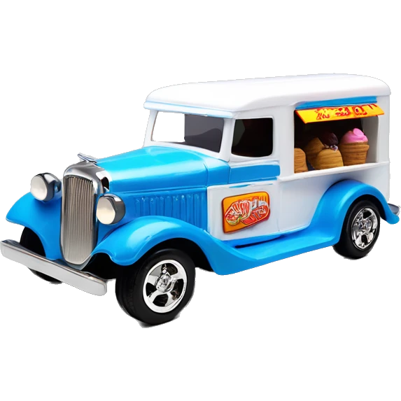 Hot wheels style, ice cream truck from 1934 with wide chrome mag wheels, blue, no ice cream on top of truck, open selling window.  emoji